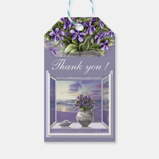 Viooltjes in een maanpot cadeaulabel (Voorkant)