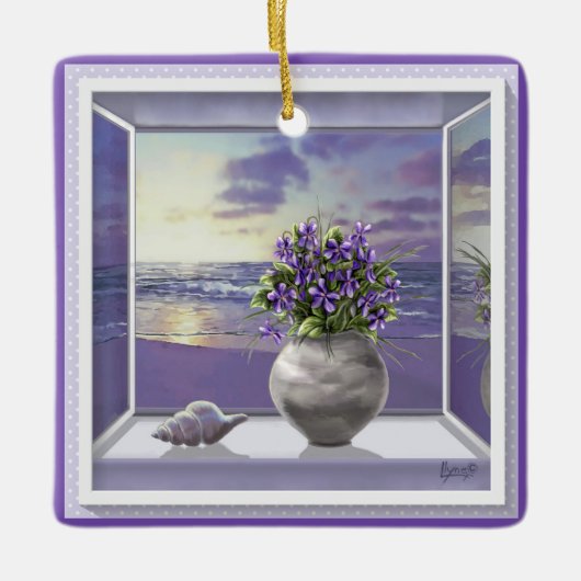 Viooltjes in een maanpot keramisch ornament (Voorkant)