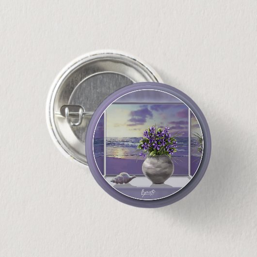 Viooltjes in een maanpot ronde button 3,2 cm (Voorkant /achterkant)