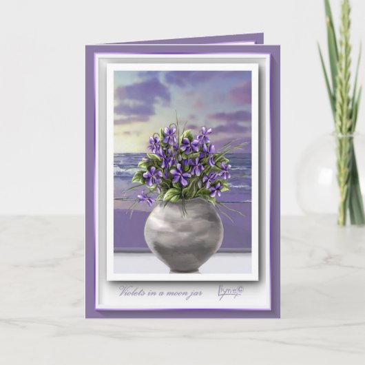 Viooltjes in een maanpot verjaardagskaart notitiekaartje (Voorkant)