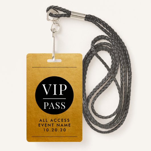 VIP All Access Event Goud Metallic Folie Goud Zwar Badge (Voorkant met draagriem)