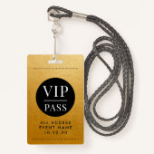 VIP All Access Event Goud Metallic Folie Goud Zwar Badge (Voorkant met draagriem)