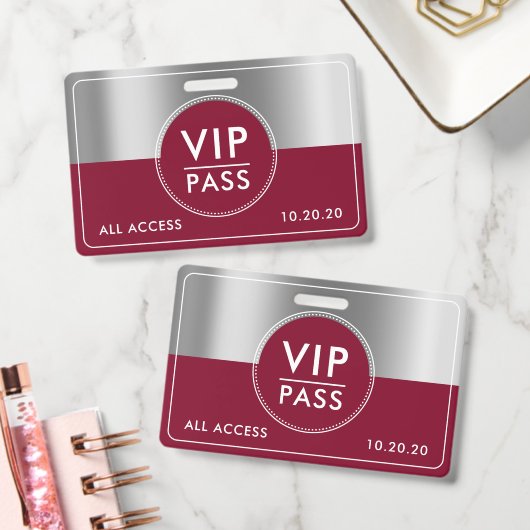VIP All Access Event Metaal Zilver Burgundy Badge (Kantoor)