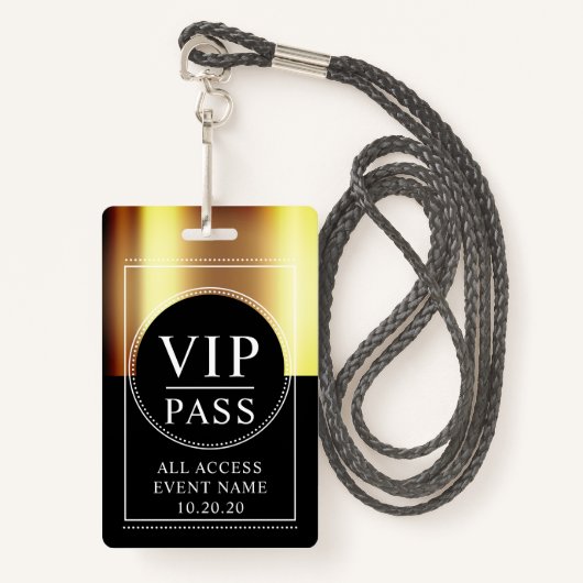 VIP All Access Event Metallic Gold Black Badge (Voorkant met draagriem)