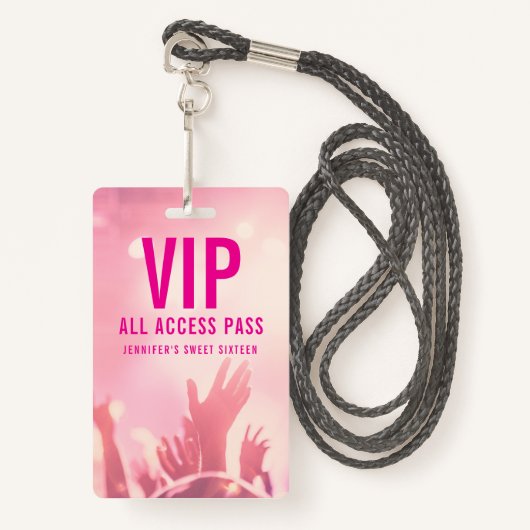 VIP All Access Pass Sweet Sixteen Birthday Badge (Voorkant met draagriem)