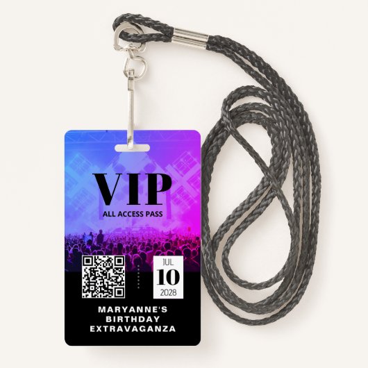 VIP All Access QR Code Verjaardag Badge (Voorkant met draagriem)