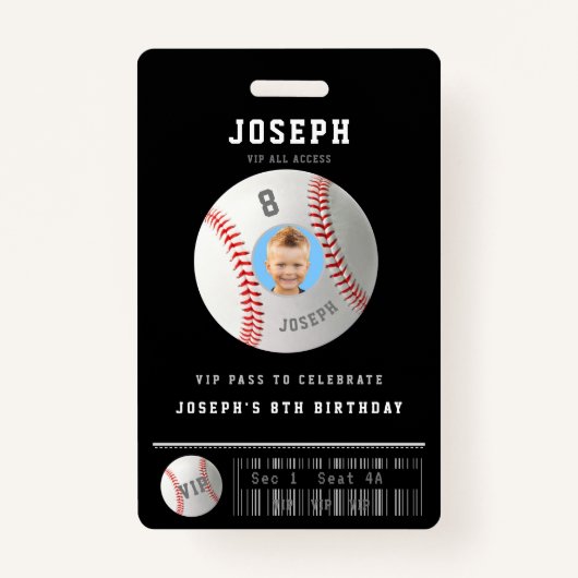VIP Baseball Pass Custom Photo Birthday Party Badge (Voorkant)