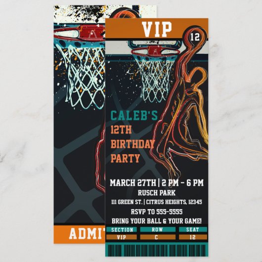 VIP Basketbal Verjaardagsfeest Ticket Kaart (Voorkant / Achterkant)