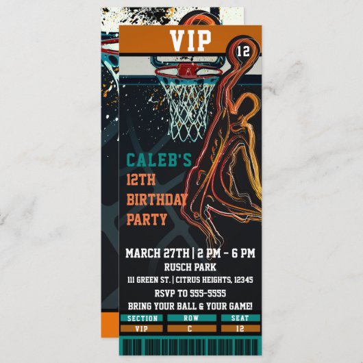 VIP Basketbal Verjaardagsfeestje Balspel Ticket Kaart (Voorkant / Achterkant)