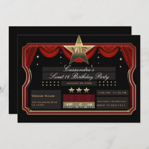VIP Gold Star Red en Black Elegant Birthday Party Kaart