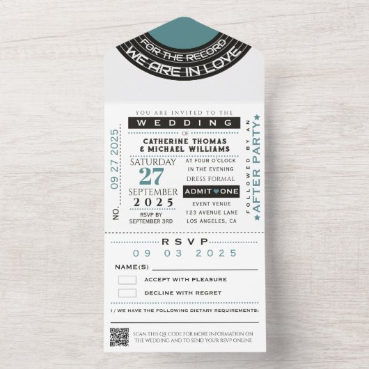 VIP-kaartje voor muziekopnames met RSVP-bruiloft All In One Uitnodiging (Binnen)