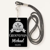 vip lid groomsman gepersonaliseerde bruiloft zwart badge (Achterkant met draagriem)