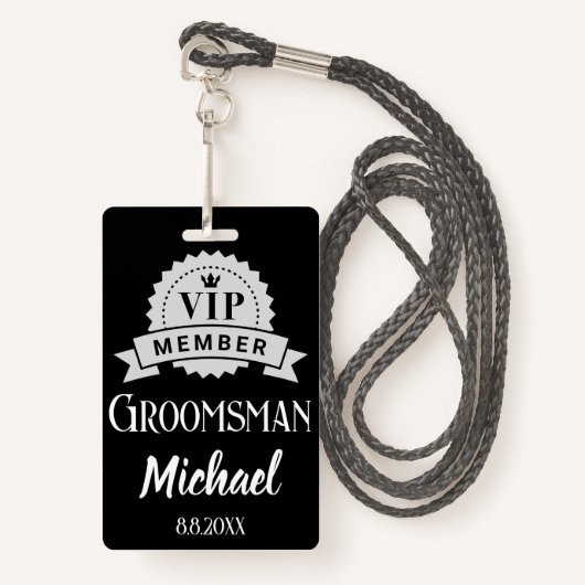 vip lid groomsman gepersonaliseerde bruiloft zwart badge (Voorkant met draagriem)