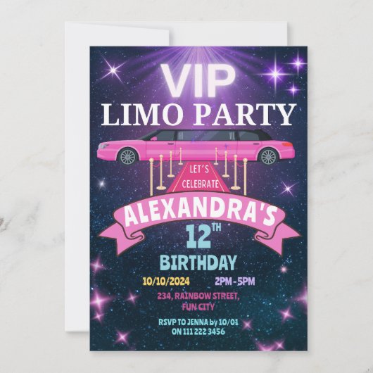 VIP Limo Party Verjaardagsfeestje Meisje Kaart (Voorkant)