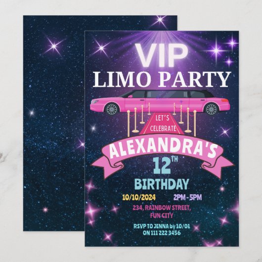 VIP Limo Party Verjaardagsfeestje Meisje Kaart (Voorkant / Achterkant)