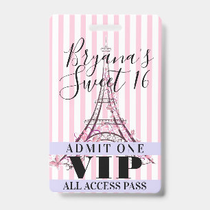 VIP-Pas Badge Roze Eiffeltoren Sweet 16 Feest