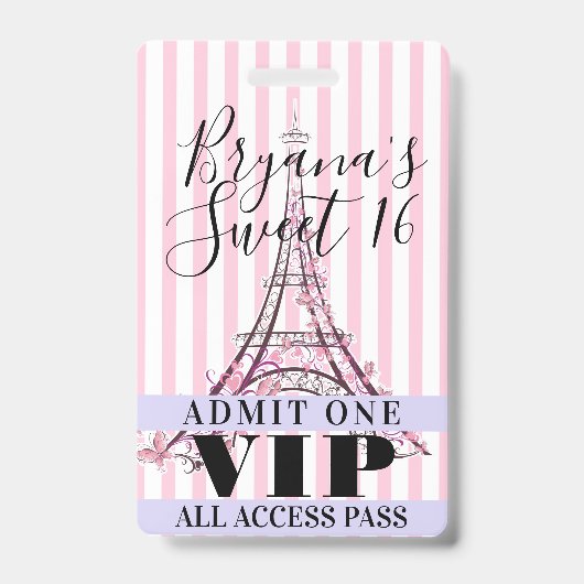 VIP-Pas Badge Roze Eiffeltoren Sweet 16 Feest (Voorzijde)