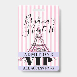 VIP-Pas Badge Roze Eiffeltoren Sweet 16 Feest