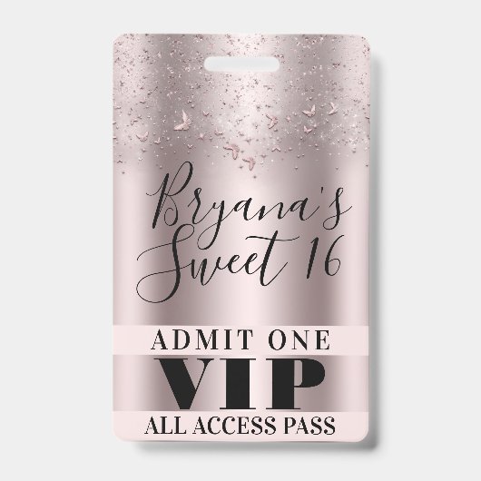 VIP-Pas Badge Zoete 16 Feest Roze Vlinders (Voorzijde)