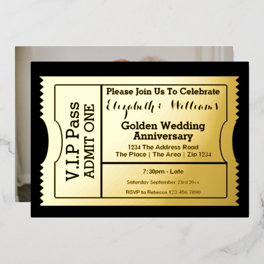 VIP-pas Golden Wedding Anniversary Ticket Folie Uitnodiging (Voorkant / Achterkant)