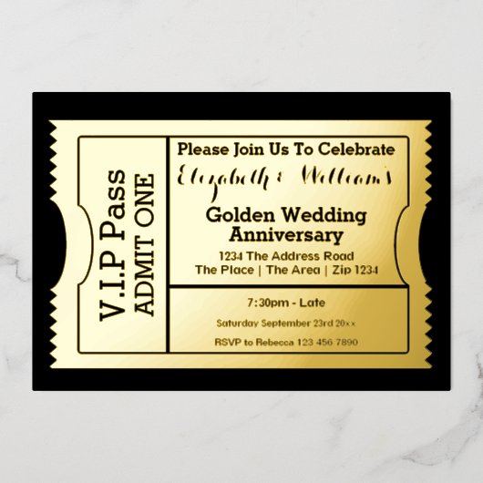 VIP-pas gouden huwelijksjubileum ticket Folie Uitnodiging (Voorkant)