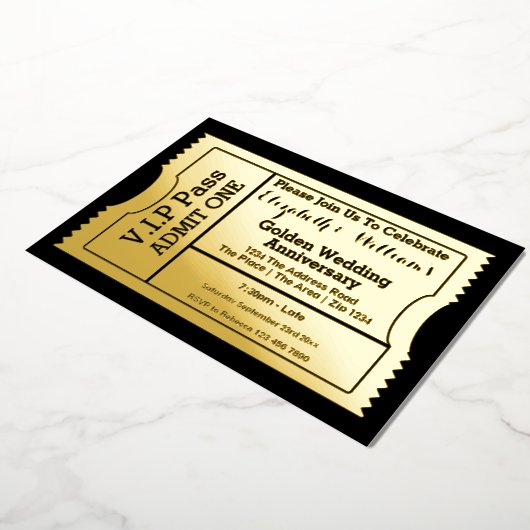 VIP-pas gouden huwelijksjubileum ticket Folie Uitnodiging (Gedraaid)
