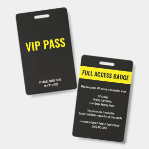 VIP-pas volledige toegang muziekfestival geel zwar Badge