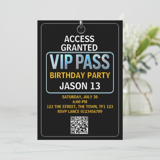VIP Pass 13e verjaardagsfeestje uitnodiging Cool T (Staand voorkant)