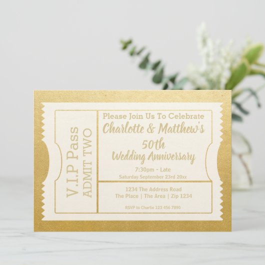 VIP Pass 50th Jubileum Ticket Faux Gold Kaart (Staand voorkant)