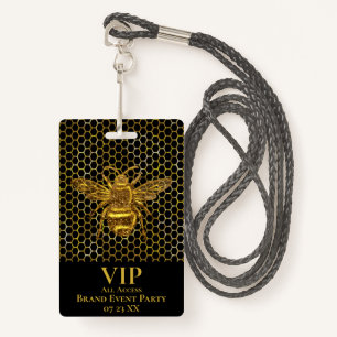 VIP Pass Elegant Black Gold Sparking Queen Bee Badge