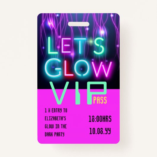 VIP Pass Glow in Dark Party UNIQUE INVITATION IDEA Badge (Voorkant)
