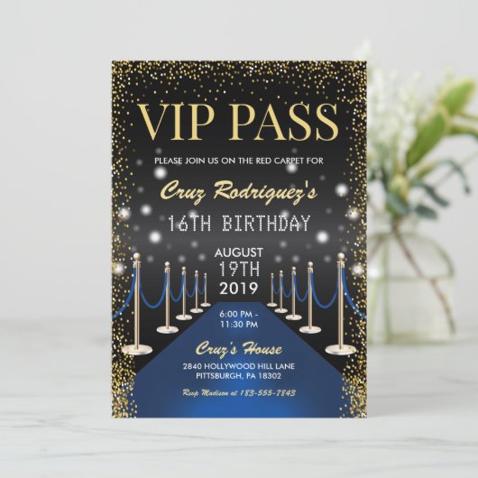 VIP Pass Hollywood Blue Carpet Birthday Kaart (Staand voorkant)