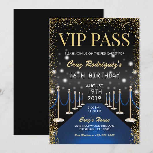 VIP Pass Hollywood Blue Carpet Birthday Kaart (Voorkant / Achterkant)