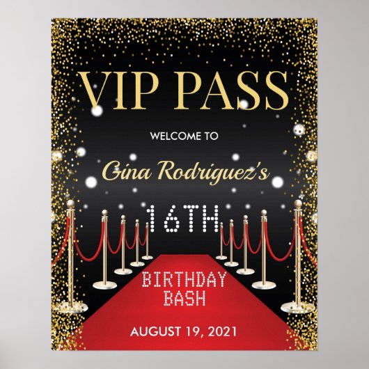 VIP Pass Hollywood Red Carpet Birthday Party Sign Poster (Voorkant)