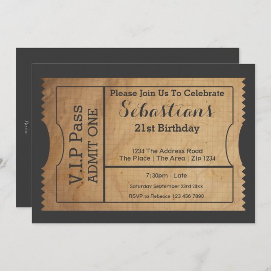 VIP Pass Party Admission Ticket Old Paper Style Kaart (Voorkant / Achterkant)