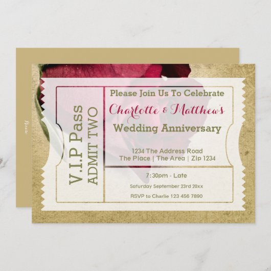VIP Pass Party Toelating Ticket Red Rose Kaart (Voorkant / Achterkant)