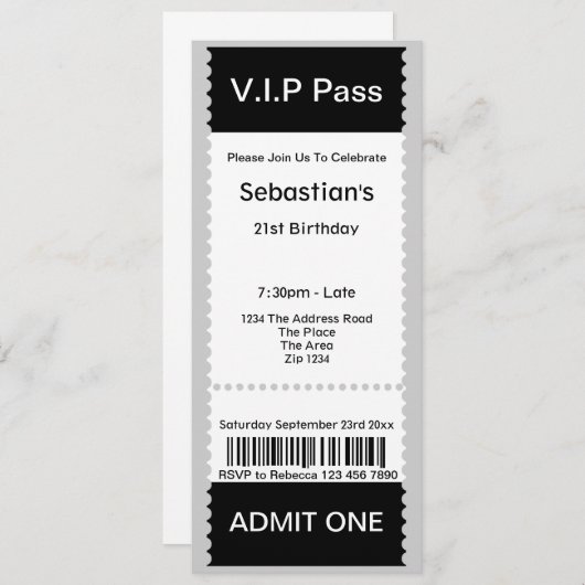 VIP Pass Party Tomission Ticket Kaart (Voorkant / Achterkant)