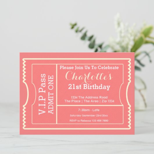 VIP Pass Party Tomission Ticket Roze Kaart (Staand voorkant)