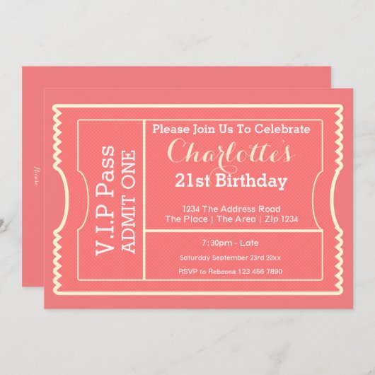 VIP Pass Party Tomission Ticket Roze Kaart (Voorkant / Achterkant)