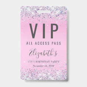 VIP Pass Pink Glitter Birthday Party Badge