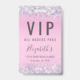 VIP Pass Pink Glitter Birthday Party Badge