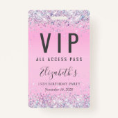 VIP Pass Pink Glitter Birthday Party Badge (Voorkant)