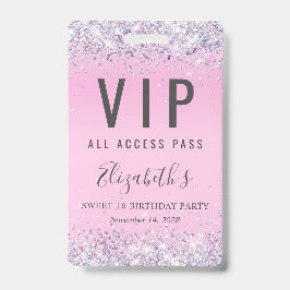 VIP Pass Pink Glitter Sweet 16 Birthday Party Badge