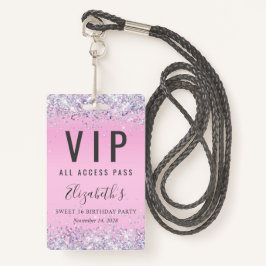 VIP Pass Pink Glitter Sweet 16 Birthday Party Badge