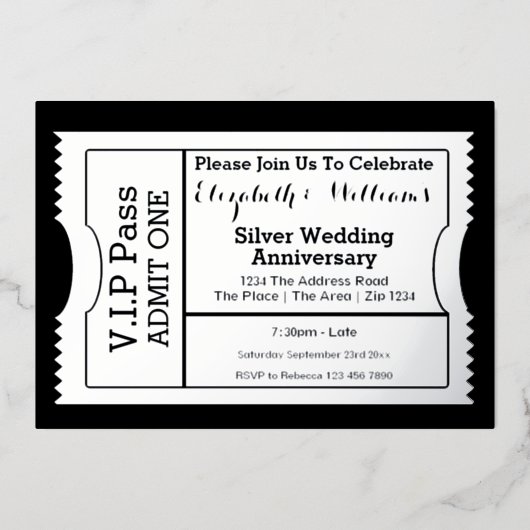VIP Pass Silver Wedding Jubileum Ticket Folie Uitnodiging (Voorkant)