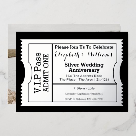 VIP Pass Silver Wedding Jubileum Ticket Folie Uitnodiging (Voorkant / Achterkant)