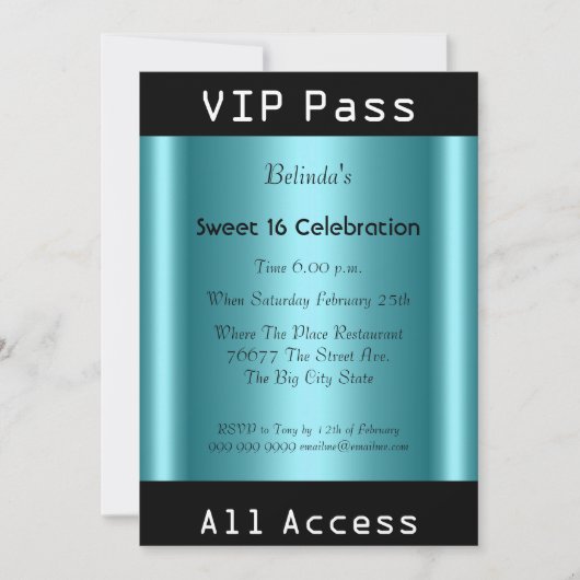 VIP pass Sweet 16 Birthday Party Black Blauwgroen Kaart (Voorkant)