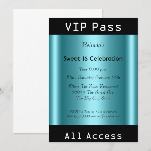 VIP pass Sweet 16 Birthday Party Black Blauwgroen Kaart (Voorkant / Achterkant)