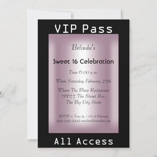 VIP pass Sweet 16 Birthday Party Black Pink Kaart (Voorkant)