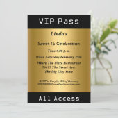 VIP pass Sweet 16 Birthday Party Gold Kaart (Staand voorkant)